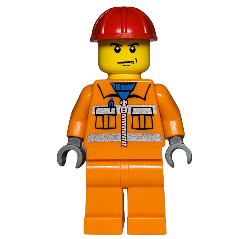 Ouvrier de chantier, veste orange avec fermeture à glissière et rayures réfléchissantes, jambes orange, casque de chantier rouge (Construction Worker, Orange Jacket with Zipper and Reflective Stripes, Orange Legs, Red Hard Hat)