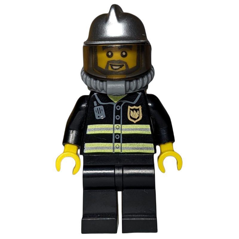 Pompier, veste de feu noir avec radio et badge, casque argenté avec visière, bouteilles d’air, appareil respiratoire, barbe (Fireman, Black Fire Jacket with Radio and Badge, Silver Helmet with Visor, Airtanks, Breathing Apparatus, Beard)