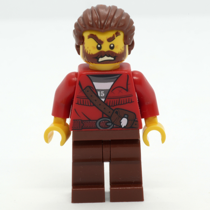 Criminel, veste rouge sur la chemise de prison, cheveux bruns rougeâtres, barbe (Criminal, Red Jacket over Prison Shirt, Reddish Brown Hair, Beard)