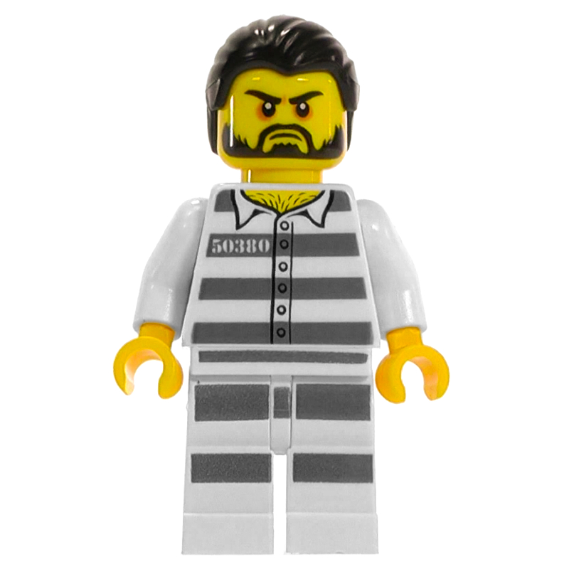 Bandit, chemise de prison avec #50380, jambes blanches avec des rayures de prison, cheveux noirs, barbe (Criminal, Prison Shirt with #50380, White Legs with Prison Stripes, Black Hair, Beard)