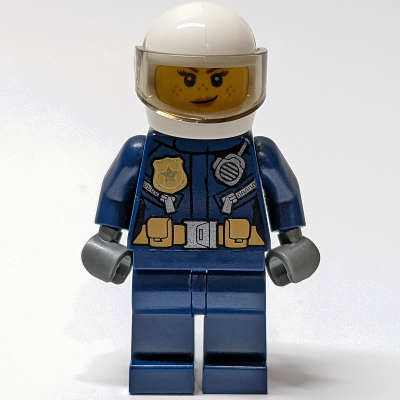 Policière, veste bleu foncé avec radio et badge, casque blanc avec visière (3626cpr2589 tête) (Policewoman, Dark Blue Jacket with Radio and Badge, White Helmet with Visor  (3626cpr2589 Head))