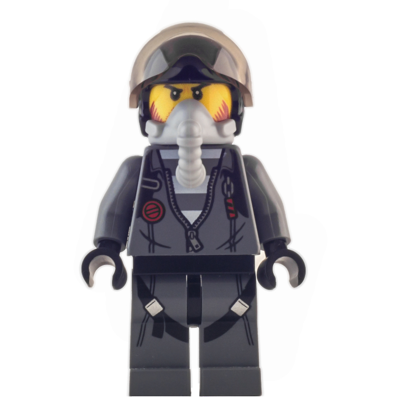 Bandit, ouvert veste gris bleuté foncé avec fermeture éclair sur la chemise de prison, casque noir avec visière, appareil respiratoire (Criminal, Open Dark Bluish Gray Jacket with Zipper over Prison Shirt, Black Helmet with Visor, Breathing Apparatus)