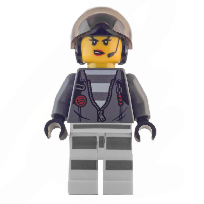 Bandit, femme, ouvert veste gris bleuté foncé avec fermeture éclair sur la chemise de prison, casque noir avec visière (Criminal, Woman, Open Dark Bluish Gray Jacket with Zipper over Prison Shirt, Black Helmet with Visor)