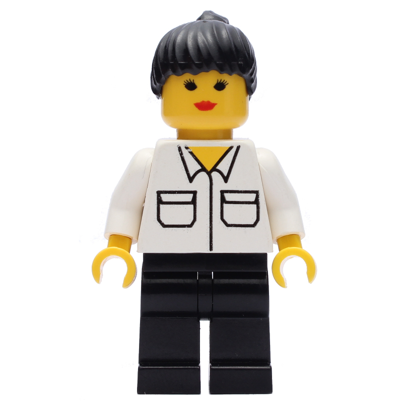 Femme, chemise blanche avec poches, jambes noires, cheveux noirs (Woman, White Shirt with Pockets, Black Legs, Black Hair)