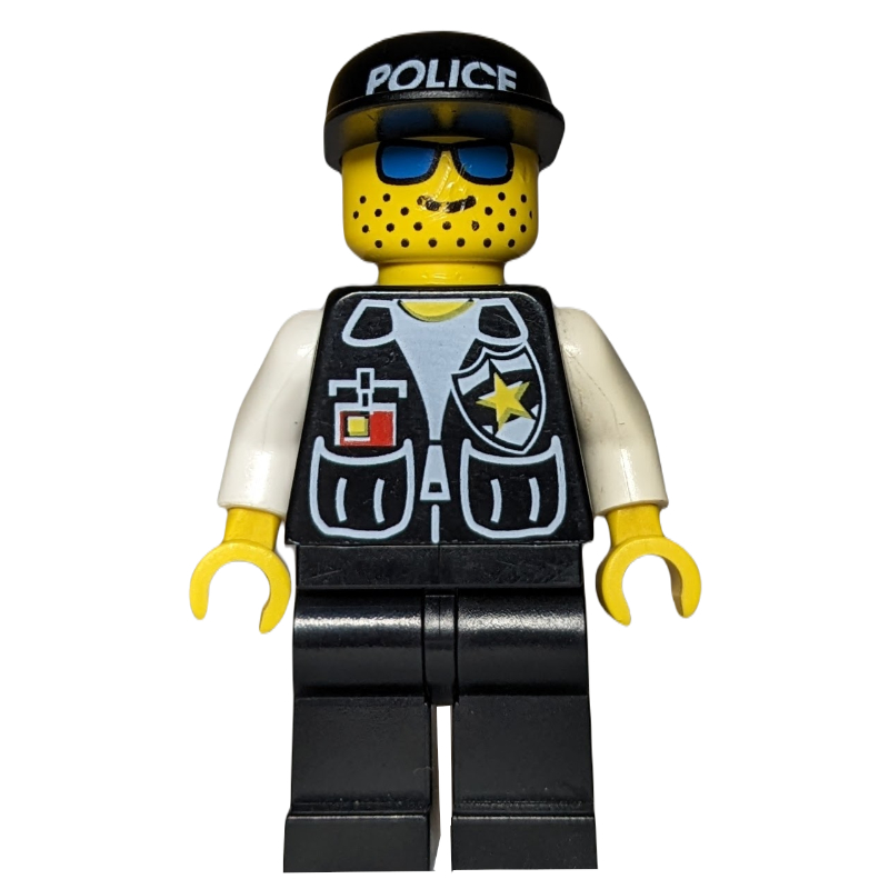 Policier, gilet noir avec badge et poches, jambes noires, casquette noire avec inscription 'POLICE', lunettes de soleil bleues (Policeman, Black Vest with Badge and Pockets, Black Legs, Black Cap with 'POLICE', Blue Sunglasses)