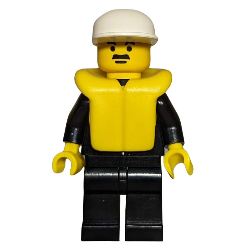 Policier, costume noir avec cravate et badge, casquette blanche, gilet de sauvetage jaune, moustache (Policeman, Black Suit with Tie and Badge, White Cap, Yellow Life Vest, Moustache)