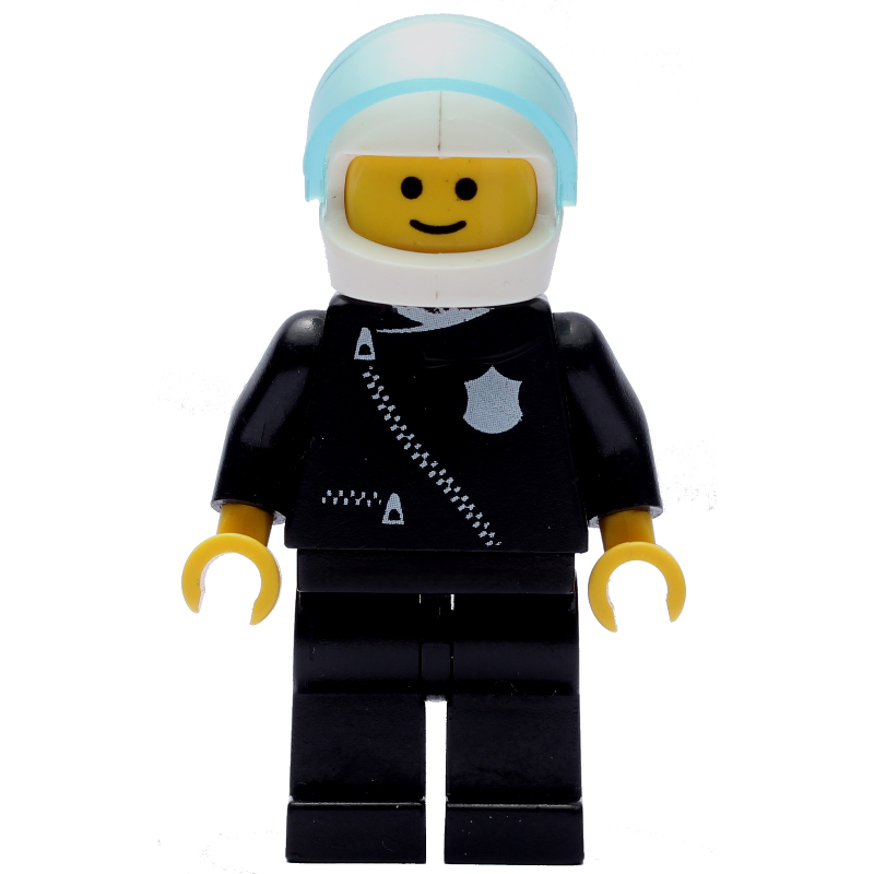 Policier, veste noire avec fermeture éclair et badge, casque blanc avec visière (3626b tête) (Policeman, Black Jacket with Zipper and Badge, White Helmet with Visor (3626b Head))