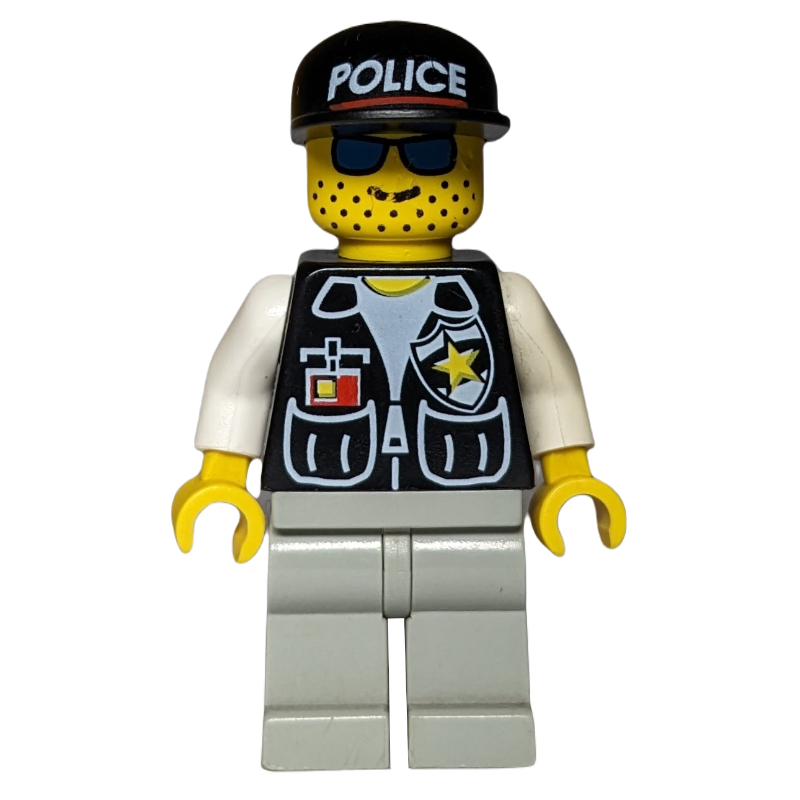 Policier, gilet noir avec badge et poches, jambes gris clair, casquette noire avec 'police', lunettes de soleil bleues (Policeman, Black Vest with Badge and Pockets, Light Gray Legs, Black Cap with 'POLICE', Blue Sunglasses)