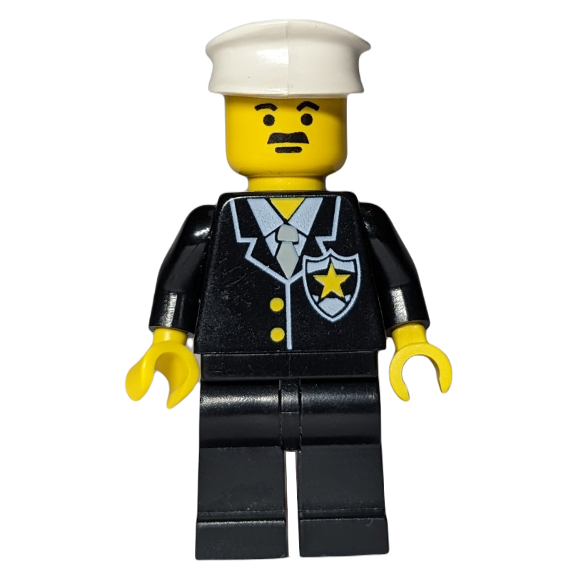 Policier, costume noir avec cravate et badge, chapeau blanc, moustache (Policeman, Black Suit with Tie and Badge, White Hat, Moustache)