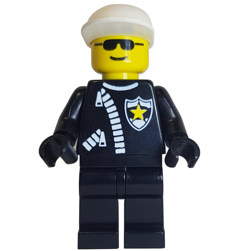 Policier, veste noire avec fermeture éclair et badge, casquette blanche, lunettes de soleil (Policeman, Black Jacket with Zipper and Badge, White Cap, Sunglasses)