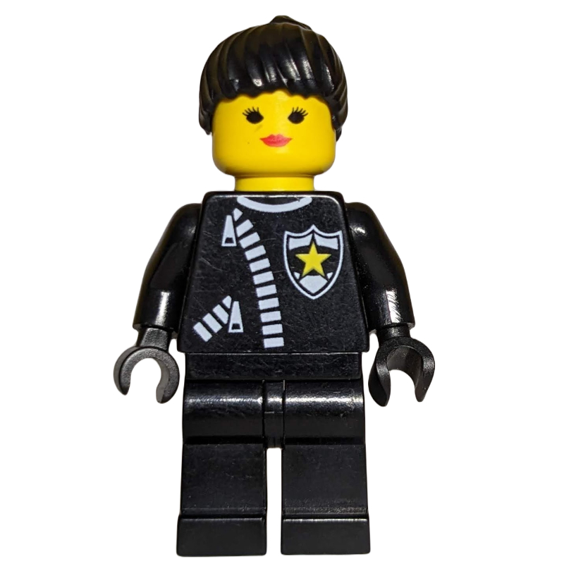 Policière, veste noire avec fermeture éclair et badge, cheveux noirs (Policewoman, Black Jacket with Zipper and Badge, Black Hair)