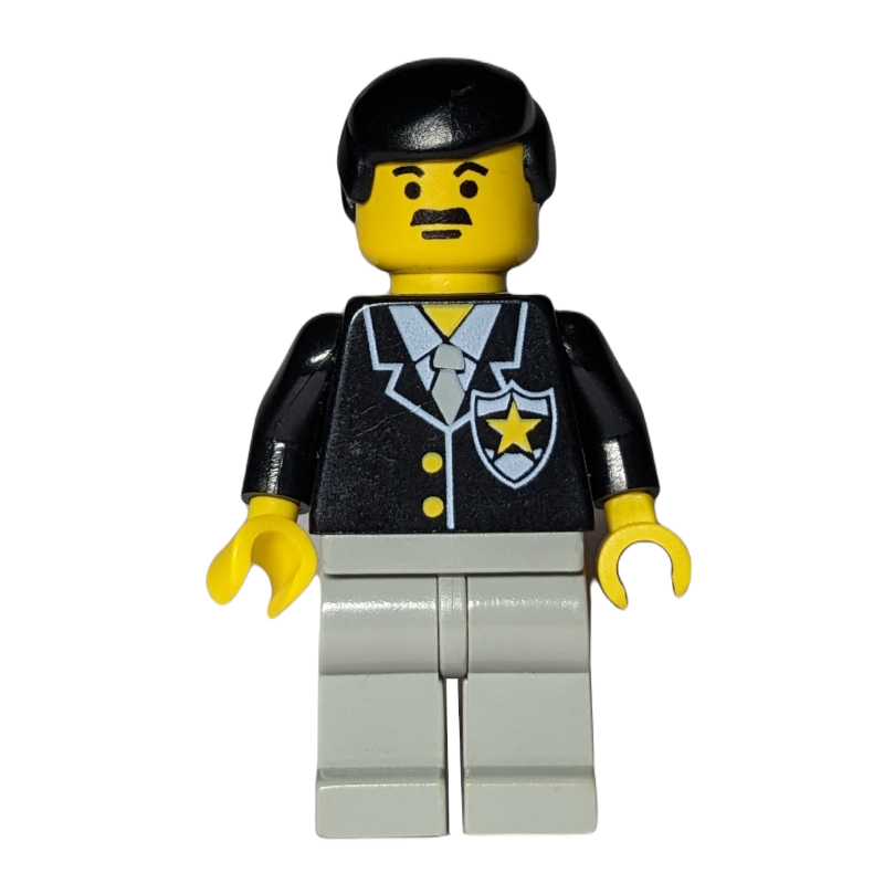 Policier, veste noire avec cravate et badge, jambes gris clair, cheveux noirs, moustache (Policeman, Black Jacket with Tie and Badge, Light Gray Legs, Black Hair, Moustache)