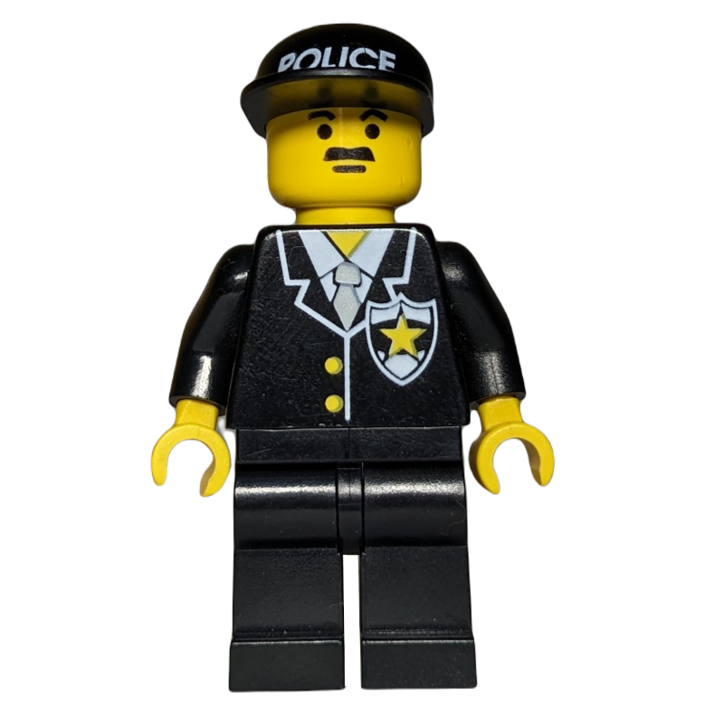 Policier, costume noir avec cravate et badge, casquette noire avec 'police', moustache (Policeman, Black Suit with Tie and Badge, Black Cap with 'POLICE', Moustache)