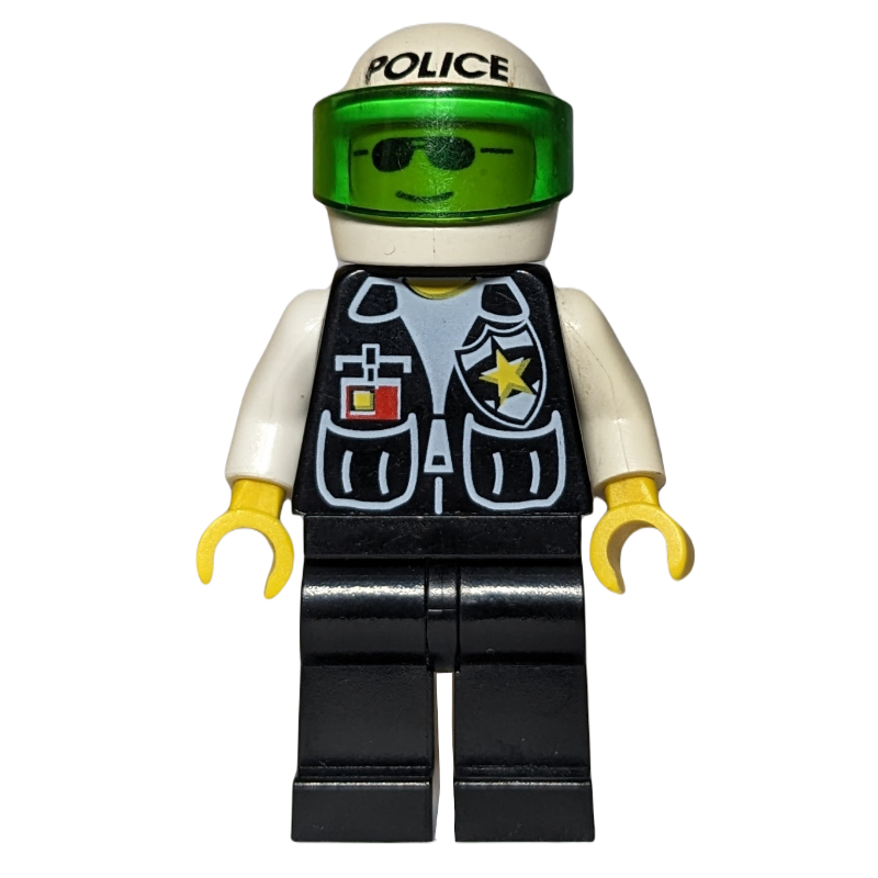 Policier, gilet noir avec badge et poches, casque blanc avec inscription 'POLICE' et visière vert transparent, lunettes de soleil (Policeman, Black Vest with Badge and Pockets, White Helmet with 'POLICE' and Trans-Green Visor, Sunglasses)