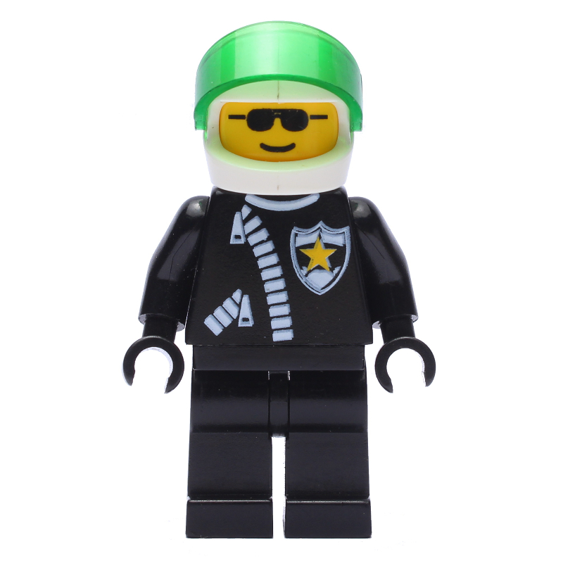 Policier, veste noire avec fermeture éclair et badge, casque blanc avec visière vert transparent, lunettes de soleil (Policeman, Black Jacket with Zipper and Badge, White Helmet with Trans-Green Visor, Sunglasses)