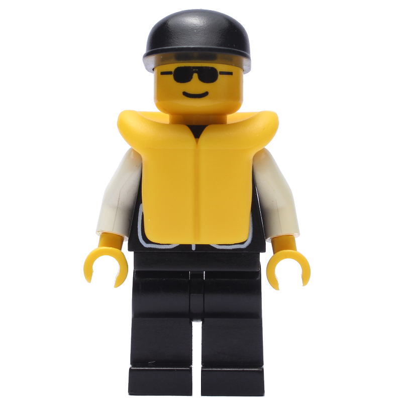 Policier, gilet noir avec badge et poches, casquette noire, gilet de sauvetage jaune, lunettes de soleil (Policeman, Black Vest with Badge and Pockets, Black Cap, Yellow Life Vest, Sunglasses)