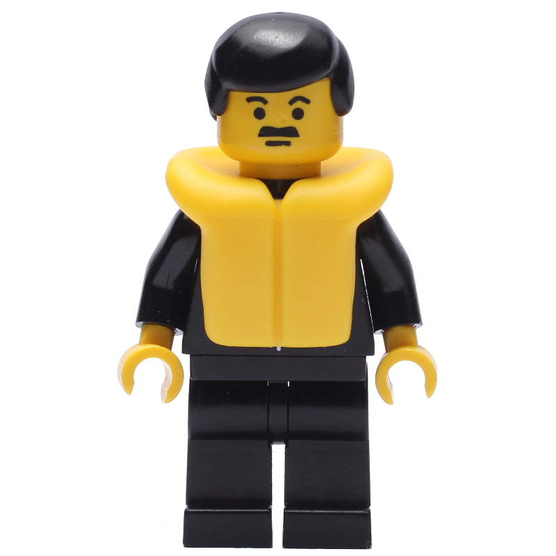 Policier, tenue noire avec cravate et insigne, cheveux noirs, gilet de sauvetage jaune, moustache (Policeman, Black Suit with Tie and Badge, Black Hair, Yellow Life Vest, Moustache)
