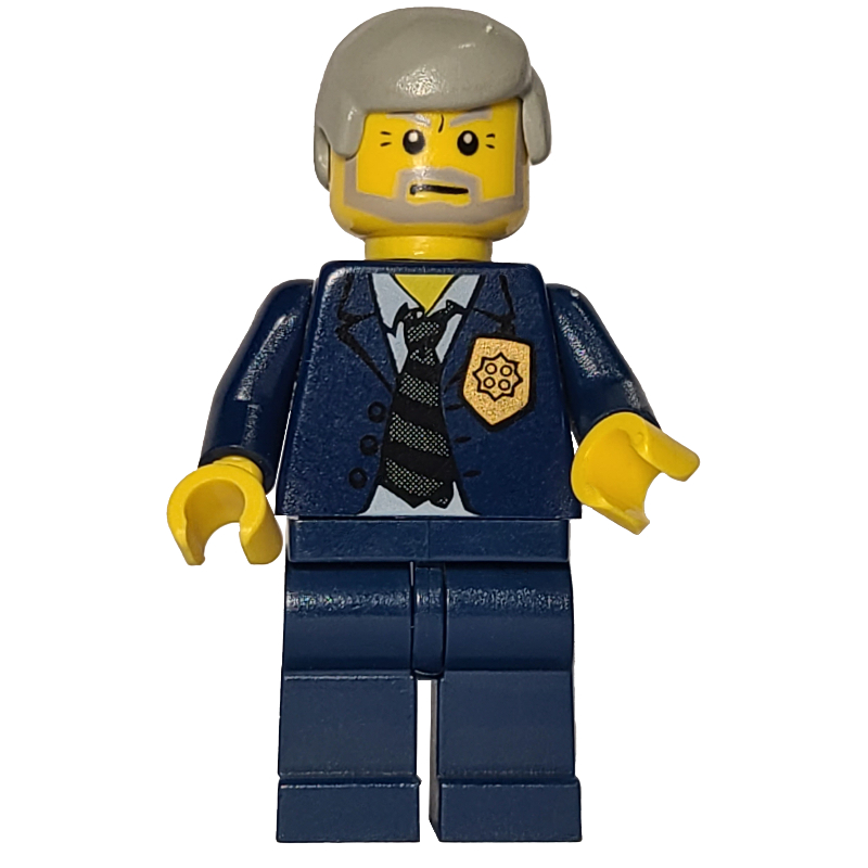 Policier, costume bleu foncé avec cravate et badge, cheveux gris clair, barbe (Policeman, Dark Blue Suit with Tie and Badge, Light Gray Hair, Beard)