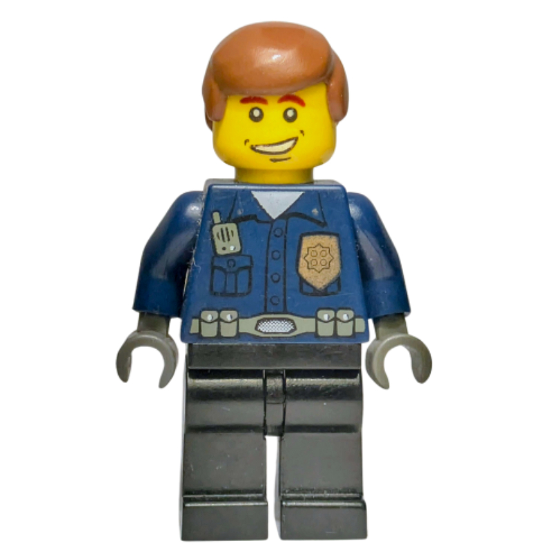 Policier, chemise bleu foncé avec radio et badge, jambes noires, cheveux bruns (Policeman, Dark Blue Shirt with Radio and Badge, Black Legs, Brown Hair)