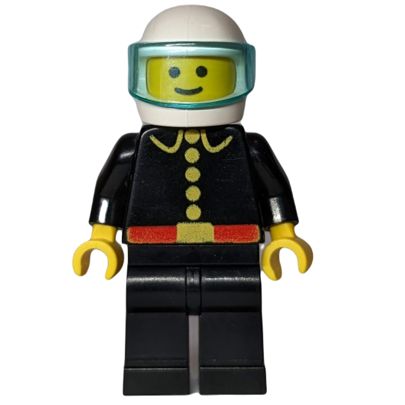 Pompier, classique, veste feu noir avec ceinture rouge et boutons, casque blanc avec visière (Fireman, Classic, Black Fire Jacket with Red Belt and Buttons, White Helmet with Visor)