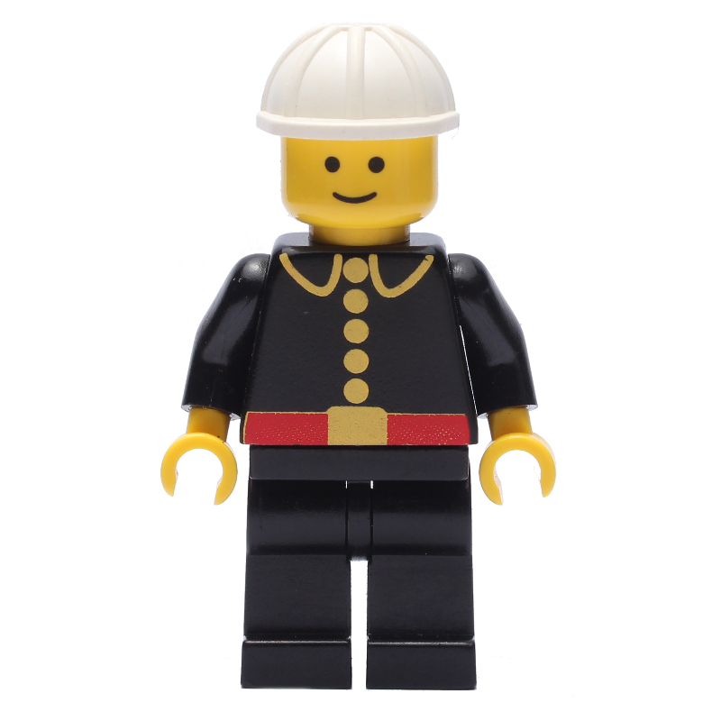 Pompier, classique, veste de feu noir avec ceinture rouge et boutons, casque de chantier blanc (Fireman, Classic, Black Fire Jacket with Red Belt and Buttons, White Hard Hat)