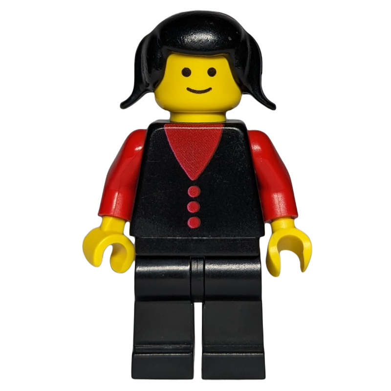 Femme, gilet noir sur le dessus rouge, jambes noires, cheveux noirs (Woman, Black Vest over Red Top, Black Legs, Black Hair)