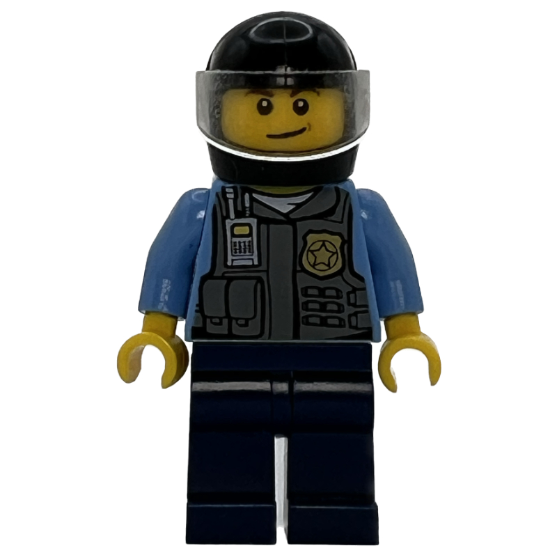 Policier, gilet gris bleuté foncé avec radio, badge et pochettes sur chemise bleu moyen, casque noir avec visière (Policeman, Dark Bluish Gray Vest with Radio, Badge and Pouches over Medium Blue Shirt, Black Helmet with Visor)