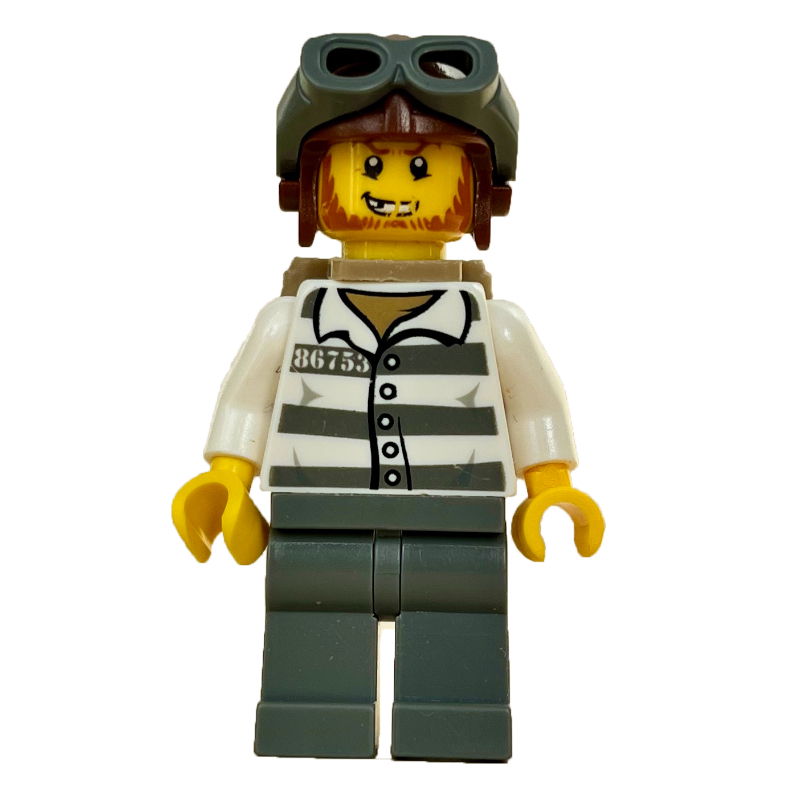 Bandit, chemise de prison avec #86753, jambes gris bleuté foncé, casque brun rougeâtre avec lunettes, sac à dos beige foncé, barbe (Criminal, Prison Shirt with #86753, Dark Bluish Gray Legs, Reddish Brown Helmet with Goggles, Dark Tan Backpack, Beard)