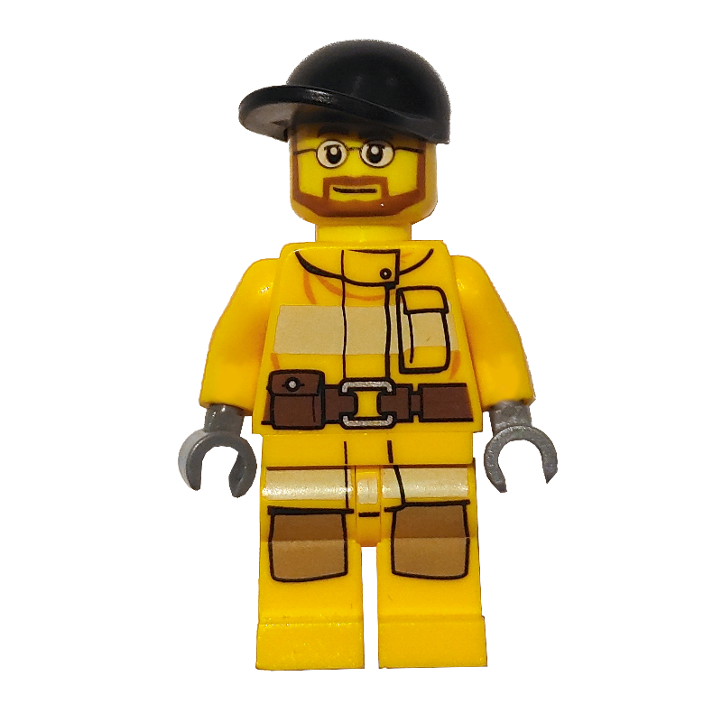 Pompier, costume de feu orange clair lumineux, casquette noire, barbe et lunettes (Fireman, Bright Light Orange Fire Suit, Black Cap, Beard and Glasses)
