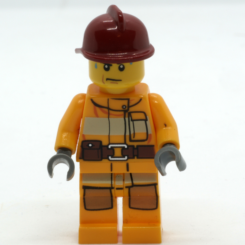 Pompier, tenue de pompier orange clair vif, casque rouge foncé, gouttes de sueur (Fireman, Bright Light Orange Fire Suit, Dark Red Helmet, Sweat Drops)