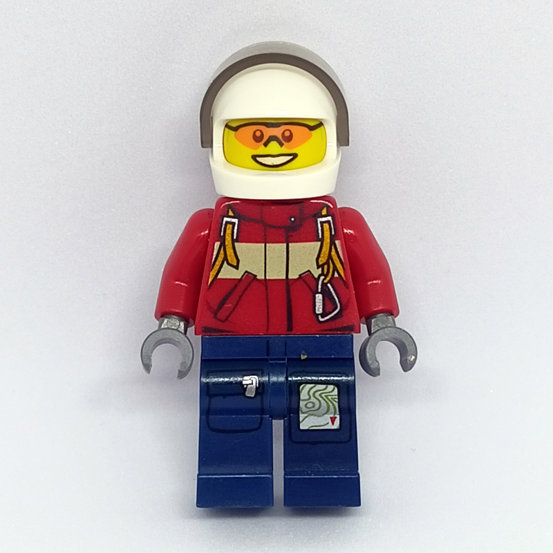 Pompier, veste rouge avec bretelles, jambes bleu foncé, casque blanc avec visière, lunettes de soleil orange (Fireman, Red Jacket with Straps, Dark Blue Legs, White Helmet with Visor, Orange Sunglasses)