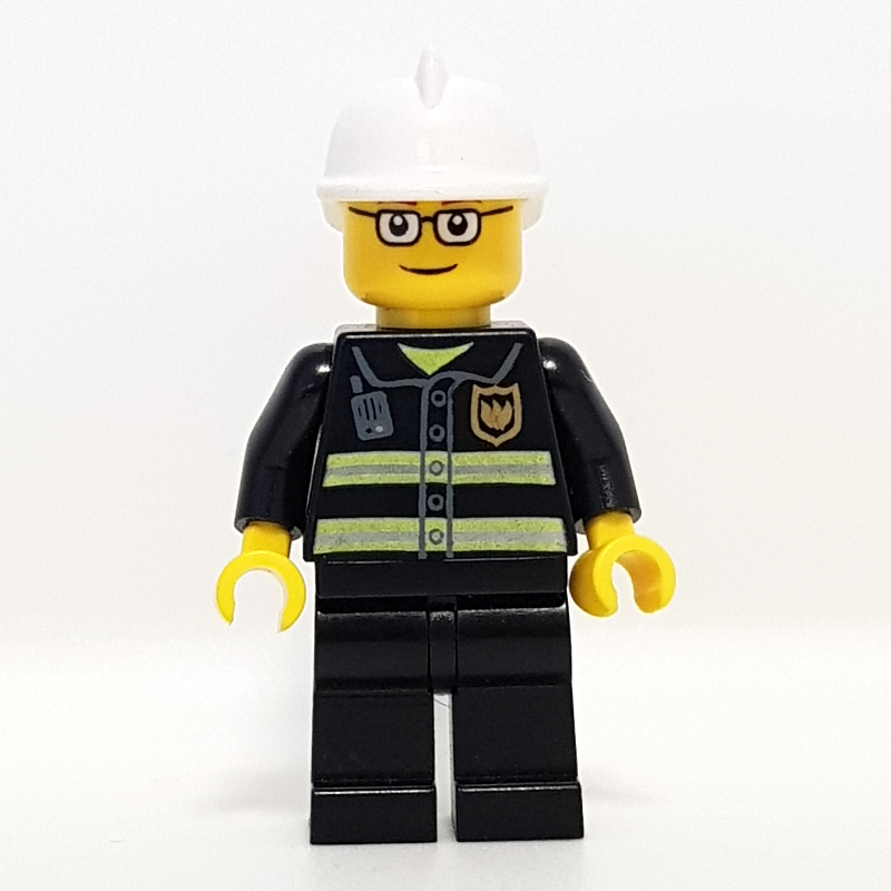 Pompier, veste de feu noir avec bandes réfléchissantes, radio et badge, casque blanc, lunettes (Fireman, Black Fire Jacket with Reflective Stripes, Radio, and Badge, White Helmet, Glasses)