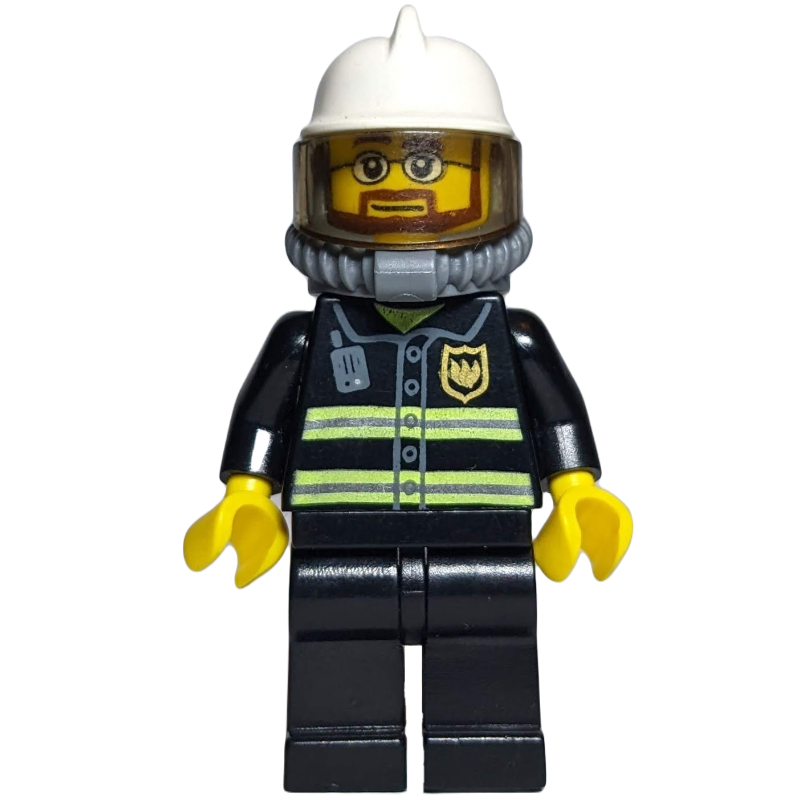 Pompier, veste de feu noir avec bandes réfléchissantes, radio et badge, casque blanc avec visière, appareil respiratoire, bouteilles d’air, barbe et lunettes (Fireman, Black Fire Jacket with Reflective Stripes, Radio, and Badge, White Helmet with Visor, Breathing Apparatus, Airtanks, Beard and Glasses)