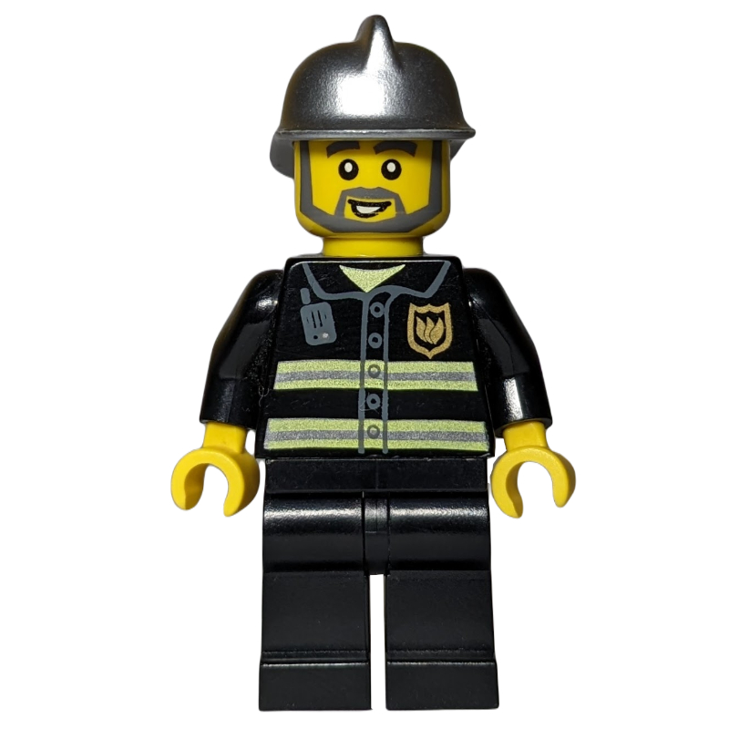 Pompier, veste de feu noir avec radio et badge, casque argenté, barbe (Fireman, Black Fire Jacket with Radio and Badge, Silver Helmet, Beard)