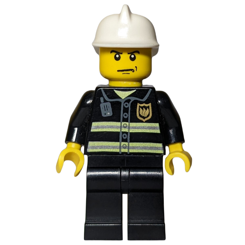 Pompier, veste de feu noir avec bandes réfléchissantes, radio et badge, casque blanc, air sévère (Fireman, Black Fire Jacket with Reflective Stripes, Radio, and Badge, White Helmet, Stern)