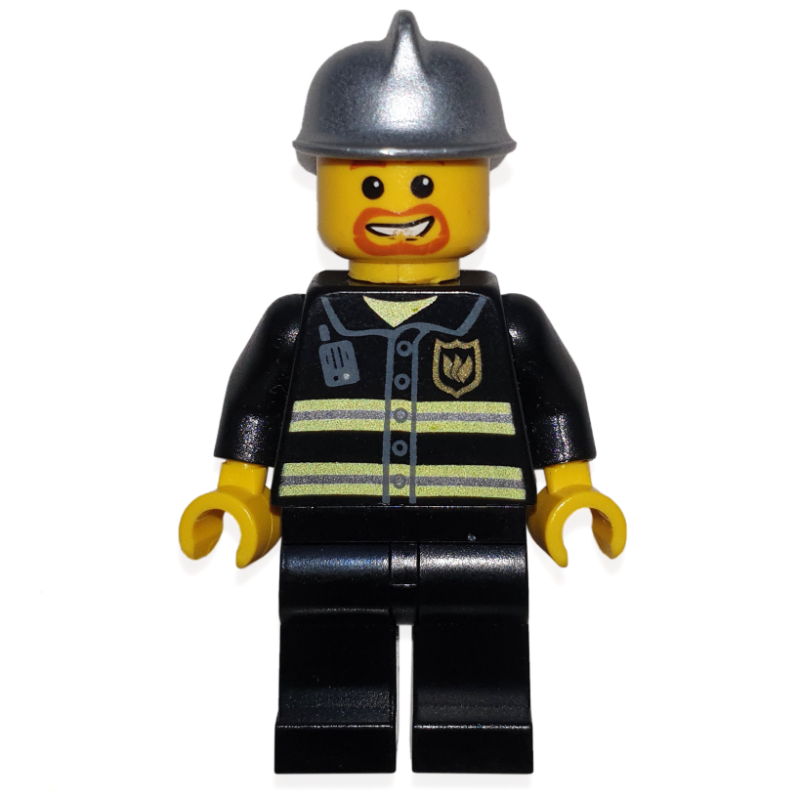 Pompier, veste de feu noir avec des rayures réfléchissantes, radio et badge, casque argenté, bouc (Fireman, Black Fire Jacket with Reflective Stripes, Radio, and Badge, Silver Helmet, Goatee Beard)