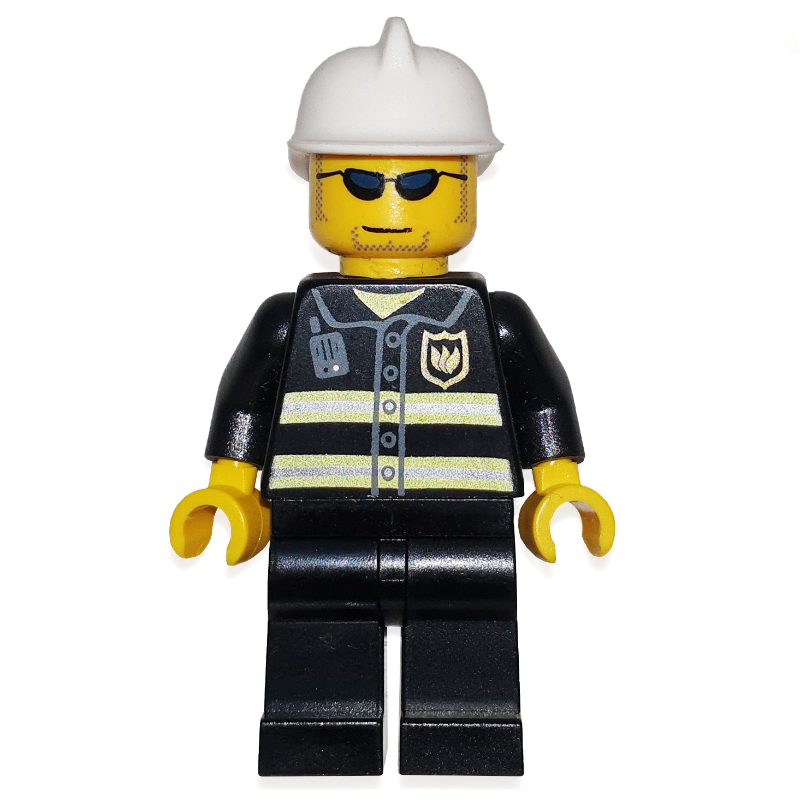 Pompier, veste de feu noir avec rayures réfléchissantes, radio, et badge, casque blanc, lunettes de soleil (Fireman, Black Fire Jacket with Reflective Stripes, Radio, and Badge, White Helmet, Sunglasses)