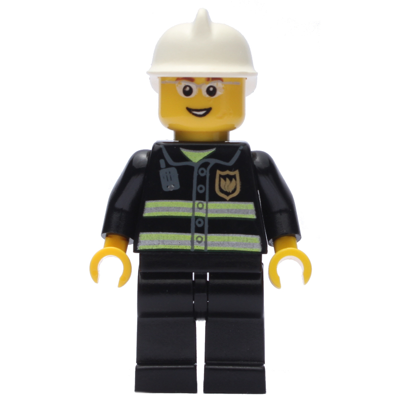 Pompier, veste de feu noir avec bandes réfléchissantes, radio et badge, casque blanc, lunettes (Fireman, Black Fire Jacket with Reflective Stripes, Radio, and Badge, White Helmet, Glasses)