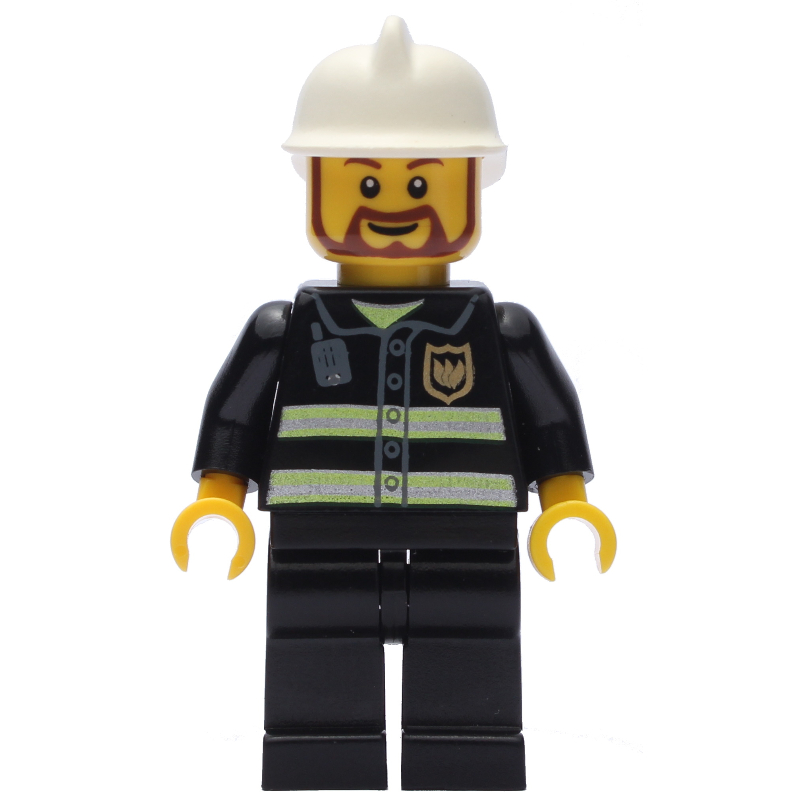 Pompier, veste de feu noir avec bandes réfléchissantes, radio, et badge, casque blanc, barbe (Fireman, Black Fire Jacket with Reflective Stripes, Radio, and Badge, White Helmet, Beard)