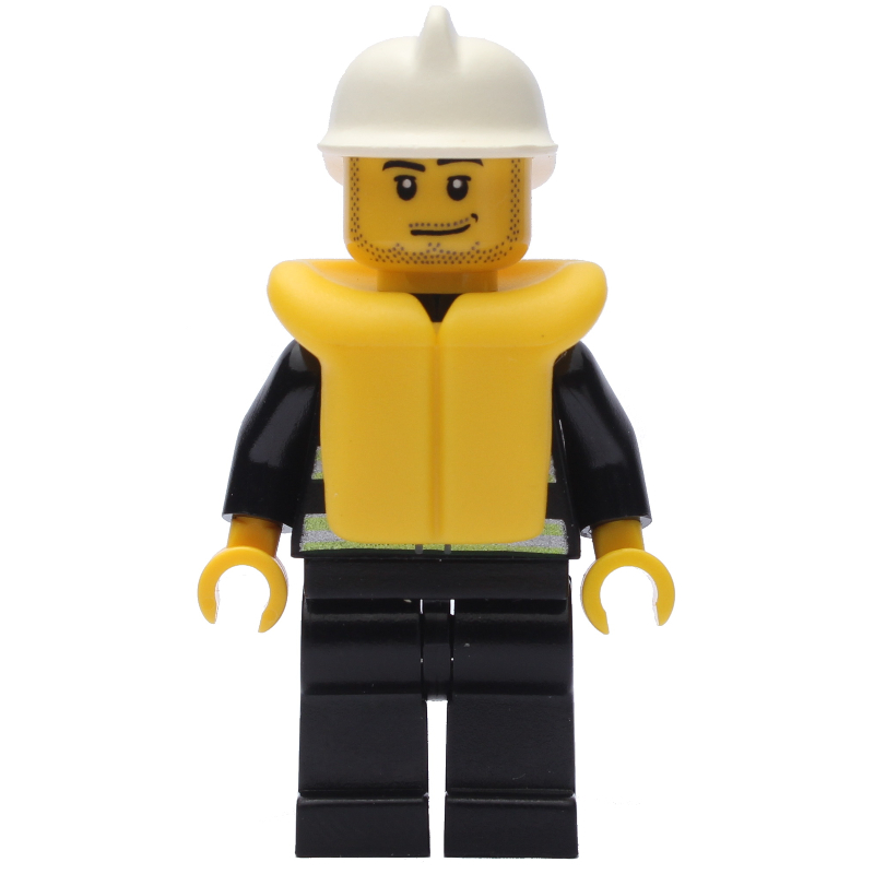 Pompier, veste de feu noir avec bandes réfléchissantes, radio et badge, casque blanc, gilet de sauvetage jaune 2610, barbe naissante (Fireman, Black Fire Jacket with Reflective Stripes, Radio, and Badge, White Helmet, Yellow Life Vest 2610, Stubble)
