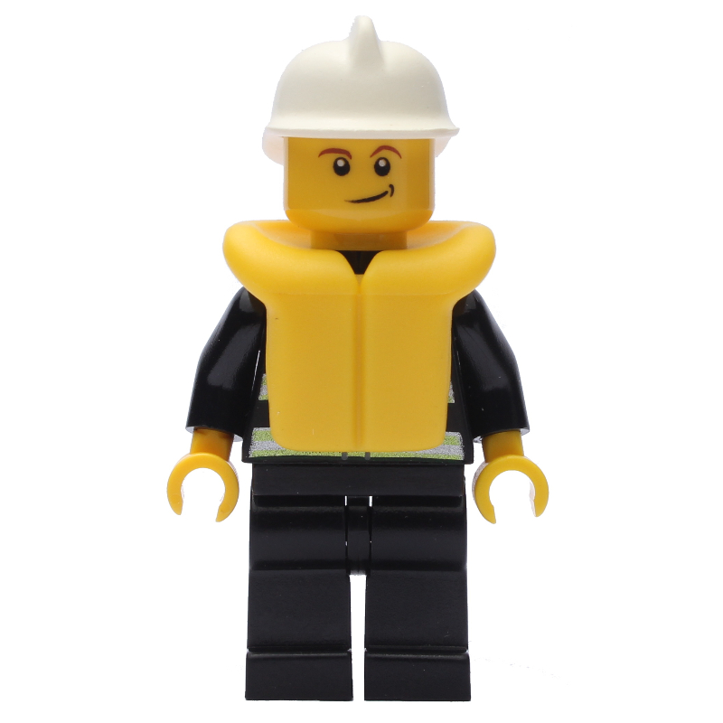 Pompier, veste de feu noir avec bandes réfléchissantes, radio et badge, casque blanc, gilet de sauvetage jaune 2610 (Fireman, Black Fire Jacket with Reflective Stripes, Radio, and Badge, White Helmet, Yellow Life Vest 2610)