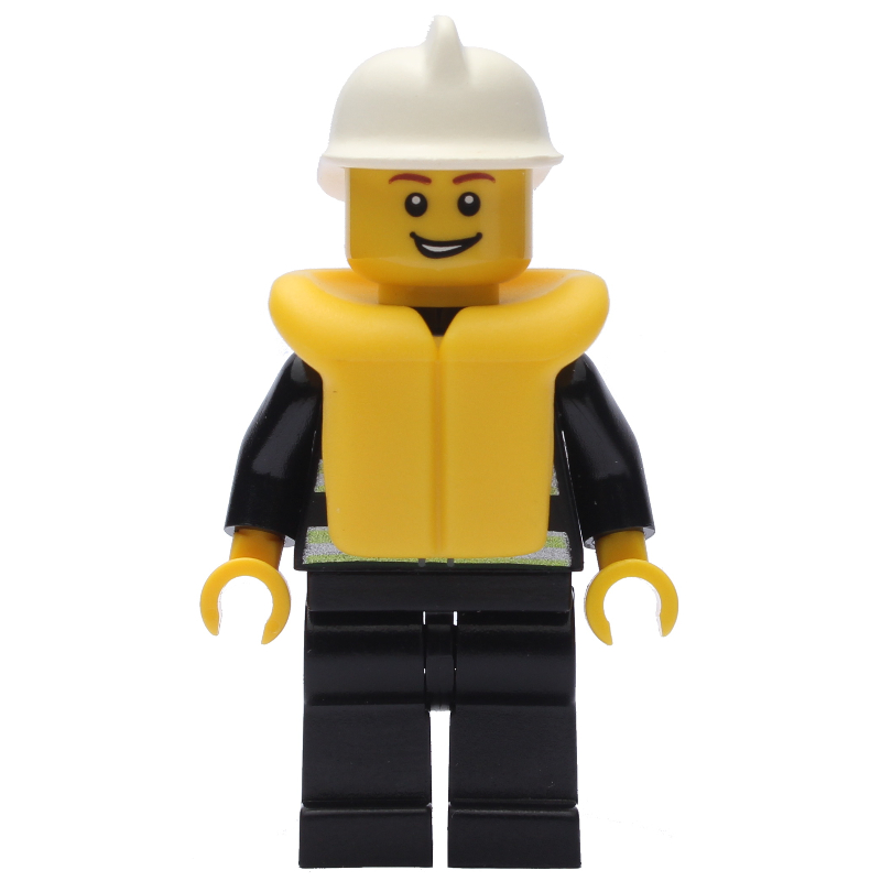 Pompier, veste de feu noir avec bandes réfléchissantes, radio et badge, casque blanc, gilet de sauvetage jaune 2610, bouche ouverte (Fireman, Black Fire Jacket with Reflective Stripes, Radio, and Badge, White Helmet, Yellow Life Vest 2610, Open Mouth)