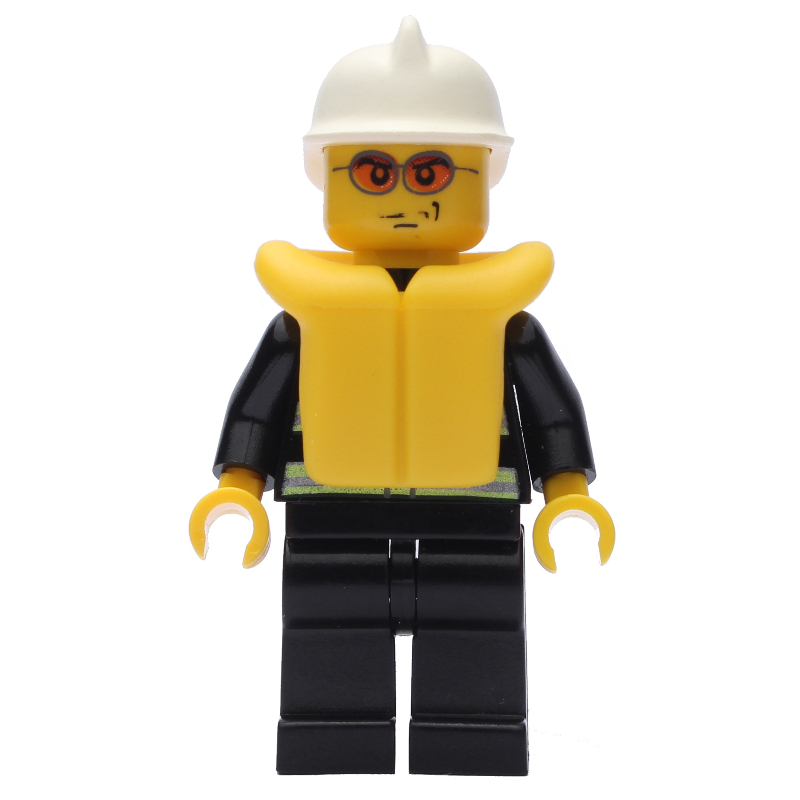 Pompier, veste de feu noir avec bandes réfléchissantes, radio et badge, casque blanc, gilet de sauvetage jaune, lunettes de soleil orange (Fireman, Black Fire Jacket with Reflective Stripes, Radio, and Badge, White Helmet, Yellow Life Vest, Orange Sunglasses)