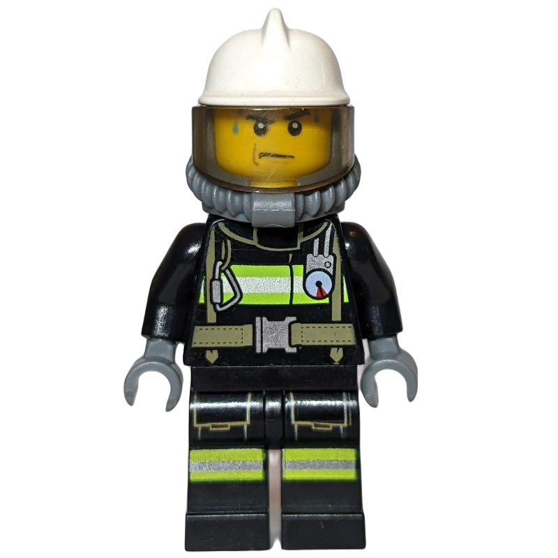 Pompier, costume de feu noir avec jauge et sangles, casque blanc, appareil respiratoire, bouteilles d’air, gouttes de sueur (Fireman, Black Fire Suit with Gauge and Straps, White Helmet, Breathing Apparatus, Airtanks, Sweat Drops)