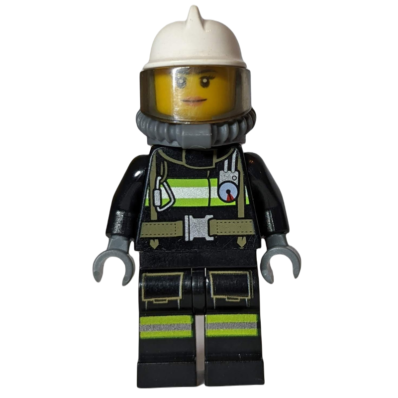 Pompier, femme, costume de feu noir avec jauge et sangles, casque blanc, appareil respiratoire, bouteilles d’air (3626cpr1580 tête) (Firefighter, Female, Black Fire Suit with Gauge and Straps, White Helmet, Breathing Apparatus, Airtanks (3626cpr1580 Head))