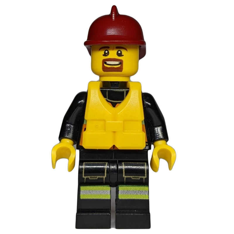 Pompier, gilet de sécurité orange avec radio, casque rouge foncé, gilet de sauvetage jaune, bouc (Fireman, Orange Safety Vest with Radio, Dark Red Helmet, Yellow Life Vest, Goatee Beard)