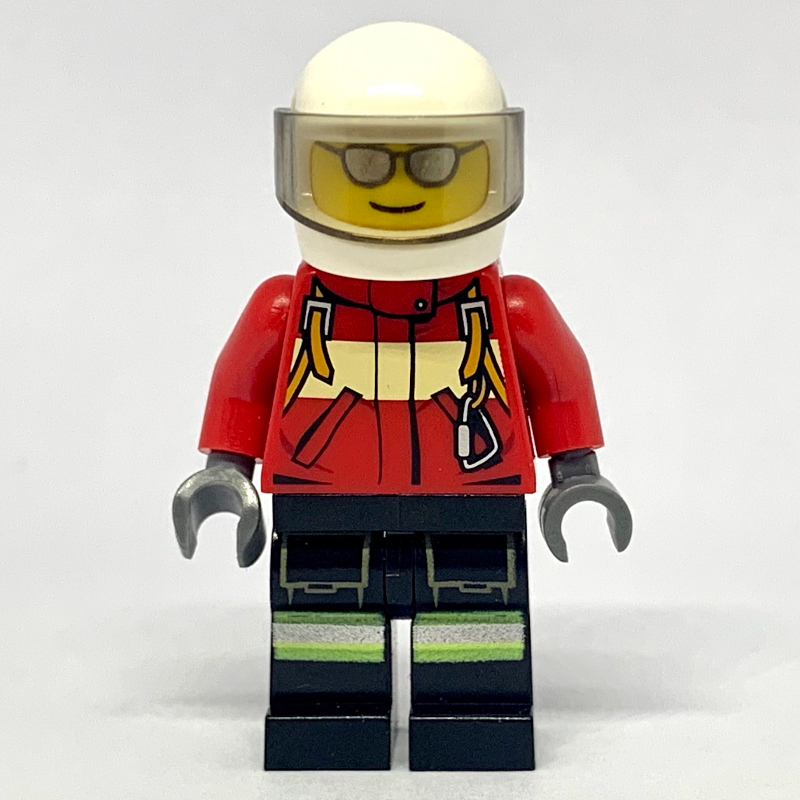 Pompier, veste rouge avec bretelles, casque blanc avec visière, lunettes de soleil argentées (Fireman, Red Jacket with Straps, White Helmet with Visor, Silver Sunglasses)
