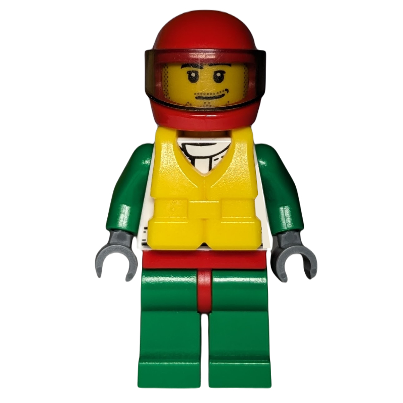 Pilote de course, veste blanche et verte avec logo Octan, casque rouge avec visière brun transparent, gilet de sauvetage jaune, barbe naissante (Racer, White and Green Jacket with Octan Logo, Red Helmet with Trans-Brown Visor, Yellow Life Vest, Stubble)