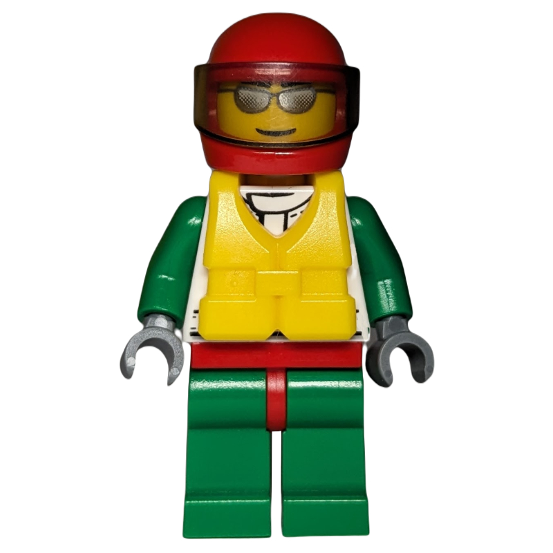 Pilote de course, veste blanche et verte avec logo Octan, casque rouge avec visière brun transparent, gilet de sauvetage jaune, lunettes de soleil argentées (Racer, White and Green Jacket with Octan Logo, Red Helmet with Trans-Brown Visor, Yellow Life Vest, Silver Sunglasses)