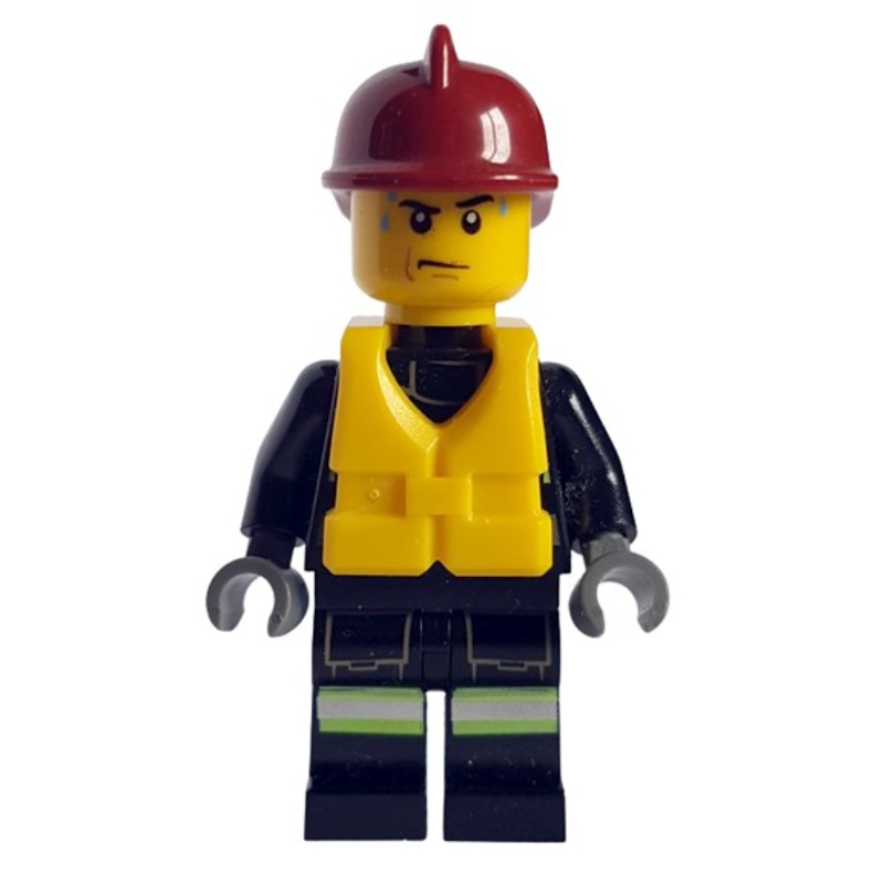 Pompier, costume de feu noir avec jauge et sangles, casque rouge foncé, gilet de sauvetage jaune, gouttes de sueur (Fireman, Black Fire Suit with Gauge and Straps, Dark Red Helmet, Yellow Life Vest, Sweat Drops)